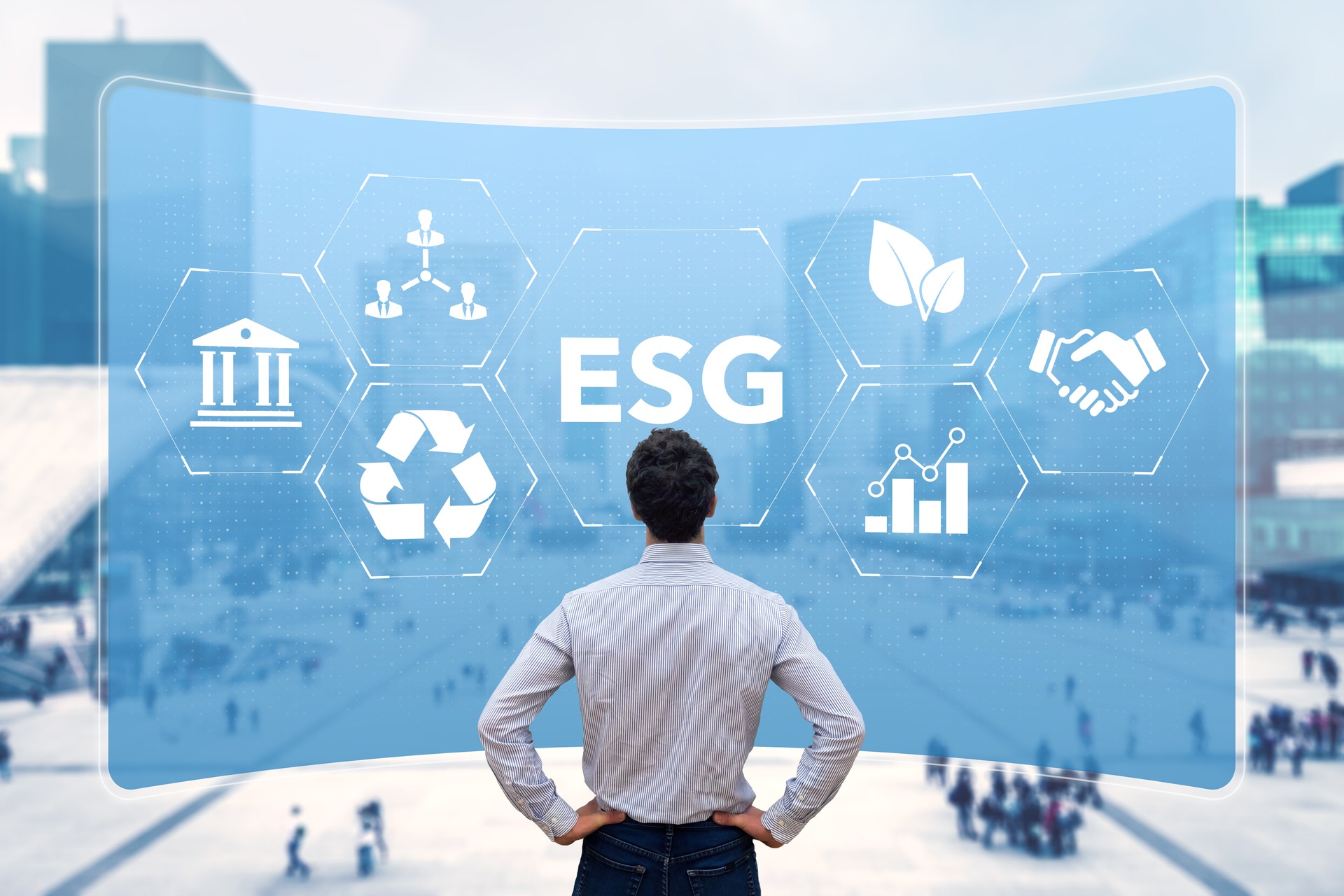 ESG Environmental Social Governance sustainable development and investment evaluation. Green ethical business preserving resources, reducing CO2, caring for employees. Consultant in management.